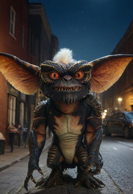 Xgremlinx,(terminator:1.3), amazing quality, masterpiece, best quality, hyper detailed, ultra detailed, UHD, perfect anatomy, portrait, hyper-realism, majestic, awesome, inspiring, - portrait in night city street ,  cinematic composition, soft shadows, national geographic style,