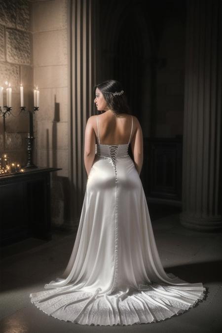 Photo•raw•8k uhd•dslr•high quality•ultra-realistic•realistic•realism•film grain overlay•Fujifilm XT3.
View from behind, dark gothic-style•candle-lit room•ancient stone altar.
1woman•wearing a (white satin gown dress)•(voluptuous)-body•kneeling•honey dripping arms.