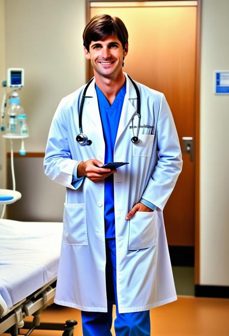 (full-body:1.10), (A realistic hot adult european boy doctor:1.10), stethoscope, white doctor lab coat, doctor's clothes, wide smile, thoughtful, (japanese short hair:1.10), (thick brown hair:1.05), (dark brown eyes:1.05), (blunt bangs:1.05), boyfriend taking care of you in the hospital bed, (standing pose:1.10), attire, medical.