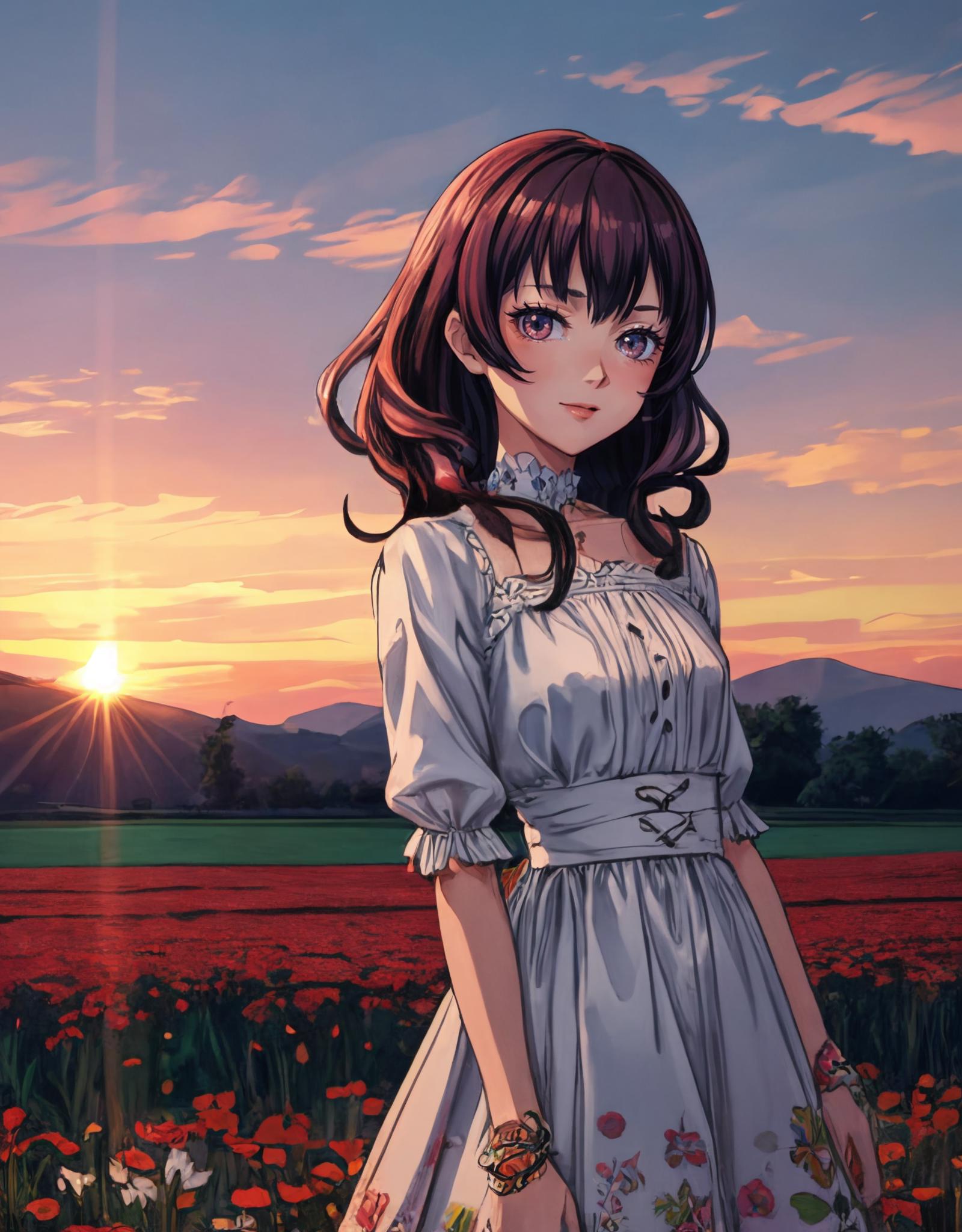 A young girl in a white dress stands in a field of flowers.