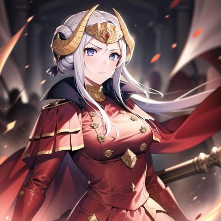 1girl, highres, masterpiece, full body, solo, anime, absurdres, detailed face, perfect eyes, (edelgard emperor), edelgard von hresvelg, upper body, battlefield, battle, bann, weapon