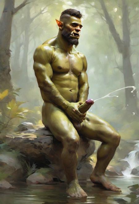 score_9, score_8_up, score_7_up, digital art, realistic, solo, male focus, mature male, orc, green skin, beard, outdoors, nude, erect penis, ejaculating, embarrassed, sitting on rock, masturbating, daylight, forest <lora:Digital Art Style SDXL_LoRA_Pony Diffusion V6 XL:1>