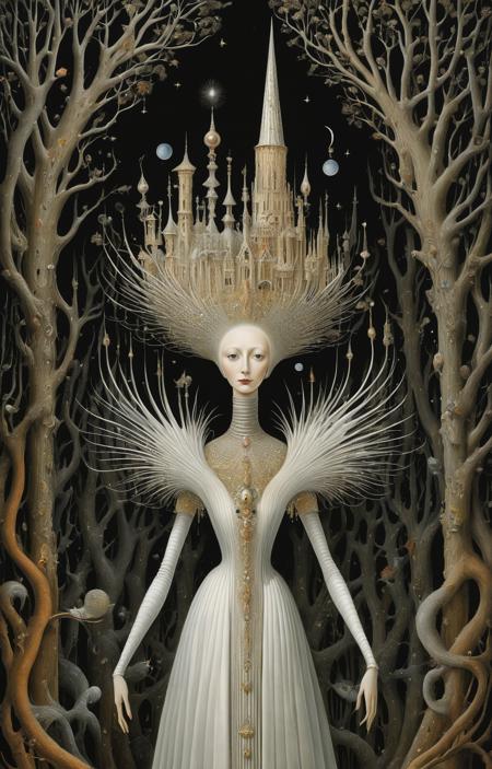 high quality, 8K Ultra HD, The canvas unfolds as a dreamscape, marrying the ethereal storytelling of Kay Nielsen and the surrealist touch of Remedios Varo, At the center stands a handsome european 40 year old man,