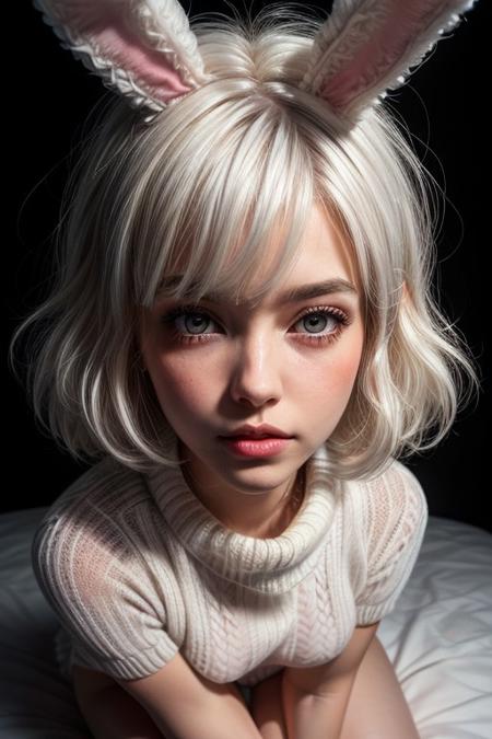 one girl,solo, (a beautiful and delicate girl:1.3), (parted lips:1.3), break, ((wearing White fluffy sweater and put on rabbit ears:1.4)), bare-legged, break, Very fine grain definition, (Symmetrical eyes:1.3),(glowing eyes),blush, break, (thigh gap),(droopy eyes),natural makeup , long eyelashes, break, Small breasts, pink eyes, Parted bangs, ((fluffy afro hair, platinum hair:1.3)), break, (Eyes and facial details:1.0), break, (masterpiece, highest quality, Super detailed, Detailed face, 8k)