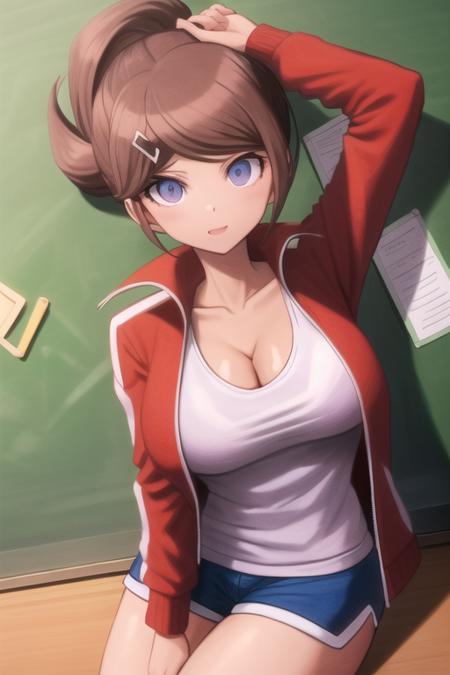 masterpiece, highres, best quality,  <lora:AoiDG:1>, 1girl, solo, breasts, cleavage, jacket, looking at viewer, collarbone, shirt, large breasts, school, open jacket, open clothes, white shirt, red jacket, medium breasts, official style, closed mouth, blue shorts, blackboard,