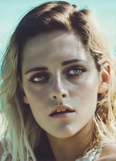 analog style, modelshoot style, photo of beautiful sks woman, hyper realistic photograph, detailed face,film grain, Kodak portra 800, f1.8, intricate, at the beach, <lora:locon_kristenstewart_v1_from_v1_64_32:1.3>