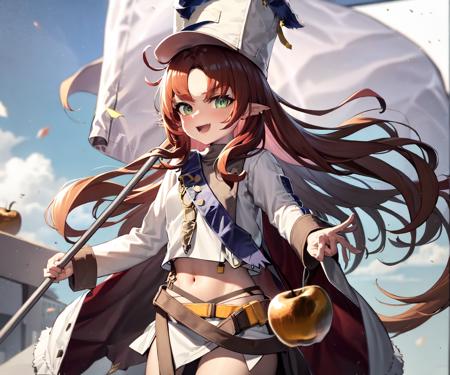 masterpiece, best quality, Myrtleuniform, holding flag, dynamic angle, a fluttering flag, hat, multicolored background, dynamic color, colorful, effect, clear sky, confident pose, standing, <lora:mtl-000007:1>, golden apple,