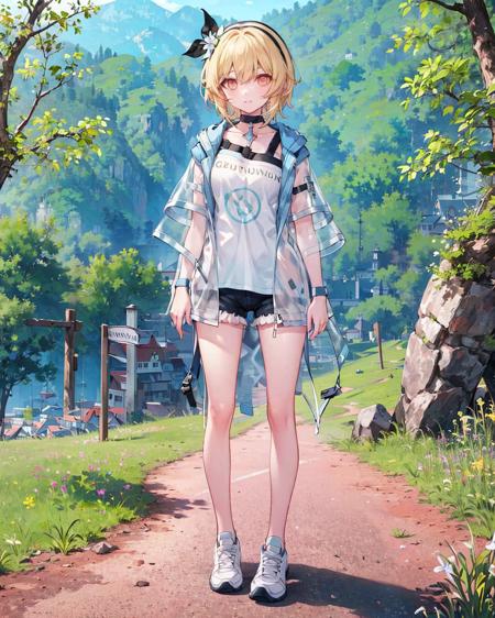 1girl,solo,, luminezjj,shirt,jacket, see-through,standing,  <lora:[luminezjj,shirt,jacket]:1>,outdoors,mountainous , short sleeves, shorts,full body, forest, sneakers,