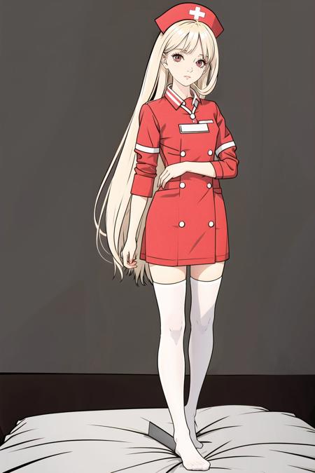 long_hair,red_eyes,blonde_hair,staring,((slim legs)),(white_thighhighs),(no shoes),sleeves,flat_chest,nurse cap,((nurse)),flat color,petite,solo,staring,full body,on bed,staring,nurse,,