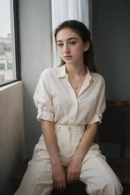 (closeup) Portrait of pretty young (18-year-old) pale milky white skin Caucasian (futurasienna5000v5) ((Leaning against a window, legs crossed, with a mesmerizing expression.:1.07)), (flat chest:1.15), outdoor, BREAK (brunette Sleek high ponytail: A sleek and polished ponytail, pulled up high on the head, exuding confidence and sophistication.), no makeup, long dainty necklace, ((elegant, classy, Pale yellow button-up blouse with wide-leg cropped trousers.)) , <lora:epi_noiseoffset2:1> BREAK (magazine cover:1.10), BREAK (masterpiece, extremely detailed skin, photorealistic, heavy shadow, dramatic and cinematic lighting, key light, fill light), sharp focus, BREAK location is (outdoor San Francisco, USA), <lora:InstantPhotoX3:0.6>, <lora:ClothingAdjuster3:-0.4>