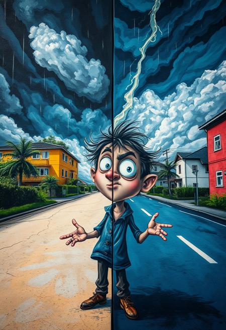 Distinct split composition depicts intense dramatic weather in a street art piece. A whimsical animated figure with expressive features and exaggerated gestures tells a story against lush backgrounds.  Stormy skies and bold areas create high tension and a cinematic atmosphere.
