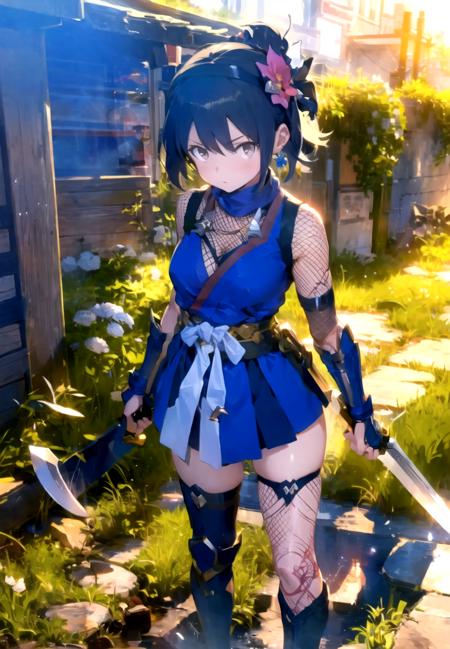 <lyco:fbodynetlocon:1>, customoutfit18, fbodynet, 1girl, arm guards, bangs, black eyes, black hair, blush, medium breasts, dual wielding, fishnets, full body, grass, hair flower, hair ornament, hairband, holding, holding weapon, japanese clothes, jewelry, kunai, looking at viewer, necklace, ninja, reverse grip, scarf, sheath, short sword, solo, standing, sword, tantou, weapon, sfw