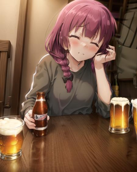 (HiroiKikuri:1), solo, 1girl,  masterpiece,   best quality, cinematic angle, braid, beer bottles
 <lora:bocchi_extract_conv01_linear0005:1>