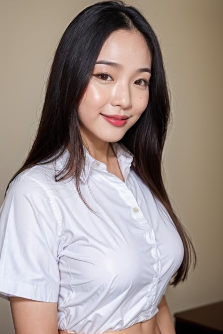 realistic 25 years old beautifull asian woman, high detailed skin, ((close up shot:1.4)),  ((thick body:1)), ((narrow waists:1.2)), ((small breasts:1.2)), looking at viewer, (HQ skin:1.4), (((white shirt))), shorts, ((indoor, at bedroom)),  <lora:gracep_V1:0.7>