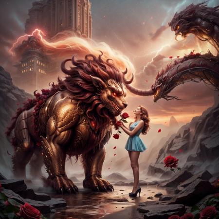 [[Rita Hayworth]] handing a rose to a nigthmarish ((monster))<lora:Nian2024:0.8> Nian2024, creature, niancreature, ( the monster)) is smiling, in love.;  BREAK monster receiving a flower, from Rita Hayworth wearing <lora:Outfit_RoseCouture:0.1> dr3ss, rose coronet, met gala dress,  High-key light golden hour romantic shot of a cult-classic award-winning love movie,; BREAK Cinematic Lightning by Nadav Kander, Bruno Dayan, and Nick Knight of the subject: Rita Hayworth and the monster.; BREAK highly detailed full-body shot, high-key cinematic 3-point lightning with CTB and CTO gel filter, Rotolight Orange Cyan, Godox Spotlight Gobo, Golden hour magic hour scenario.  <lora:picxer_real:0.2>,  <lora:ValentineTech-18:0.4> valentinetech, landscape, tasty details.; BREAK Romantic atmosphere,  <lora:add_detail:0.4>,  <lora:more_details:0.4>,