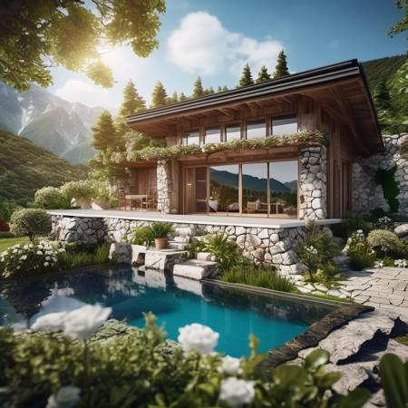 professional studio photo cinematic photo  (concept archviz villa:1.2) design, modern rustical house, stone wood, pond in the garden outside,  elaborate terrace,  texture cracked dry treebark (cracked wood style room ) design, lush flowers, green trees with intertwined roots, <lora:treebark-SDXL-s-exp:0.9> mountains, blue cloudy sky . 35mm photograph, film, bokeh, professional, 4k, highly detailed backlight, atmospheric, hard rim light, absurdres, hdr, realistic concept