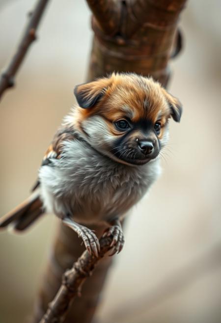 Hybrid between a house sparrow and a puppy, the small, agile body of a house sparrow with the head of a cute puppy, perched on a tree branch, hyper-realistic, action scene, cinematic, perfect textures, tilt-shift effect.
