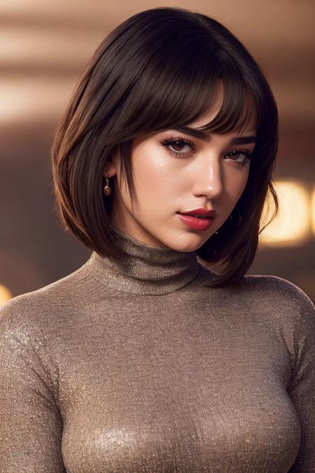 photo of extremely sexy (2ual1pa-130:0.99), a woman as a sexy student, closeup portrait, bob haircut, (blue tight long sleeve turtleneck top), at a cantina sitting bar (masterpiece:1.5) (photorealistic:1.1) (bokeh) (best quality) (detailed skin texture pores hairs:1.1) (intricate) (8k) (HDR) (wallpaper) (cinematic lighting) (sharp focus), (eyeliner), (painted lips:1.2), (earrings)