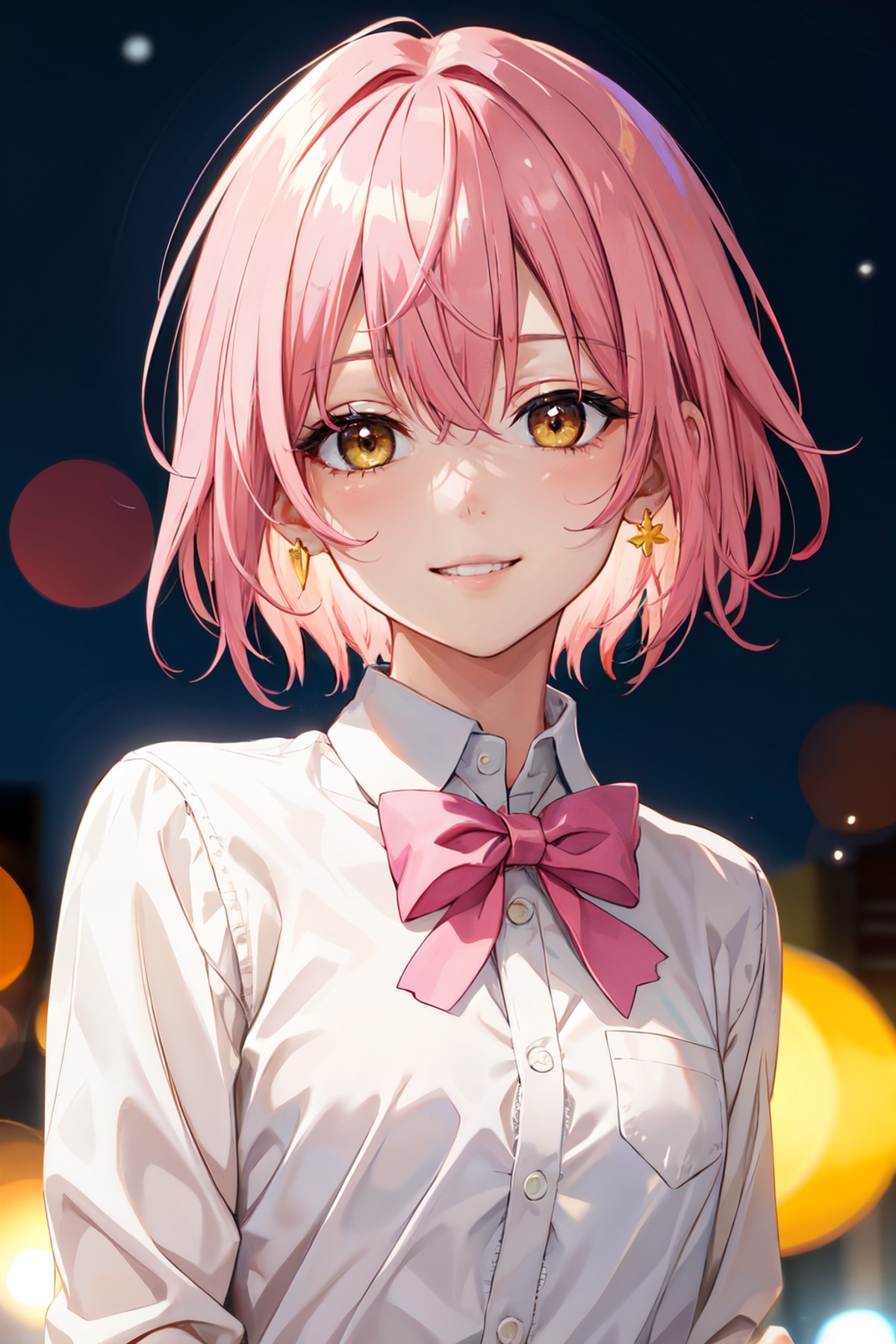 masterpiece, best quality, short hair, pink hair, close-up, yellow eyes, smile, small breasts, bowtie, white shirt, night,...