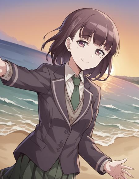 hazuki morikawa, brown hair, purple eyes, medium hair, mole, mole under eye, medium breasts, skirt, shirt, school uniform, jacket, white shirt, necktie, collared shirt, blazer, green necktie,