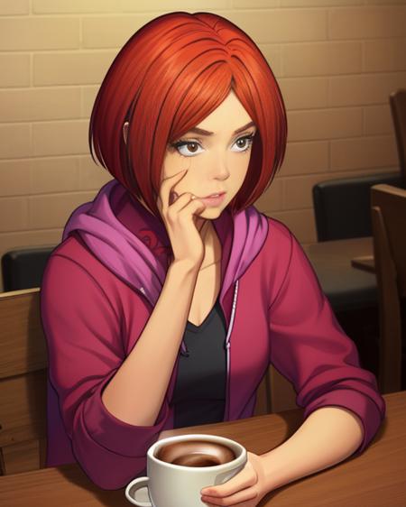 Will, short red hair, brown, solo, sitting, 
 casual wear, hoodie,  hands free, 
cafe, coffee on table, 
(insanely detailed, beautiful detailed face, masterpiece, best quality) cinematic lighting,  <lora:WillVandom:0.7>