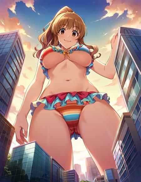 mrbskrr, mrbskrr, tall female, long hair, brown hair, wavy hair, twintails, hair ribbon,  brown eyes,  medium breasts,  score_9, score_8_up, score_7_up, source_anime,