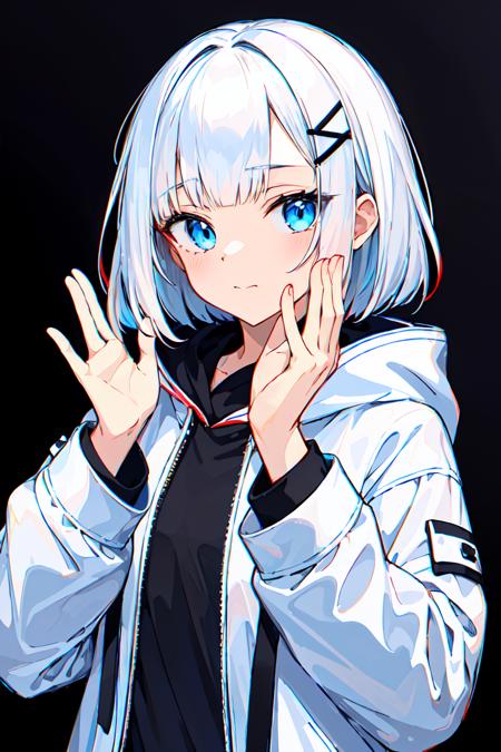 masterpiece, intricate detail,best quality,  <lora:yike:0.8>1girl, solo, white hair, hair ornament, blue eyes, bangs, long sleeves, hood, upper body, blunt bangs, jacket, coat, white coat, hands up, hooded coat, hood down, multicolored eyes, closed mouth, hooded jacket, medium hair, black background, expressionless