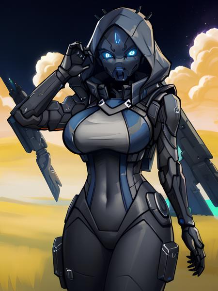 <lora:Exo Stranger V3:0.8>, Exo Stranger standing in a field, large boobs, looking at the viewer, detailed, masterpiece, detailed face, sharp detail, futuristic armored body suit