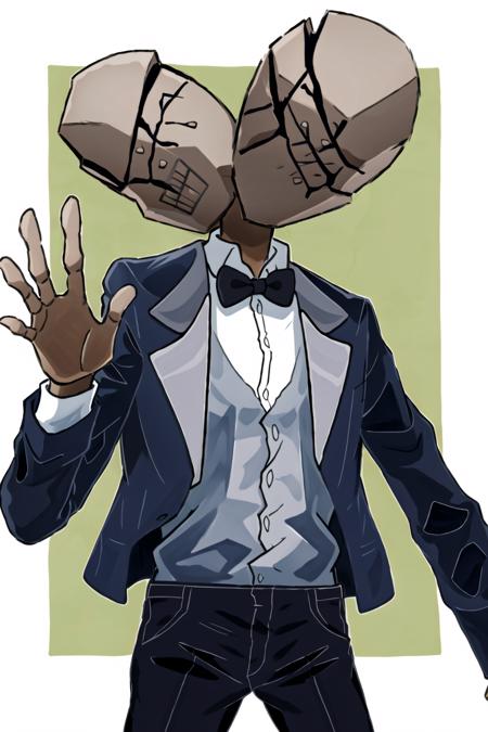 Maestro, solo, simple background, shirt, 1boy, jacket, white shirt, male focus, collared shirt, pants, bowtie, black bow, black pants, suit, black bowtie, bald, <lora:Maestro:1>, double head, waving, cowboy shot, waving, wide shoulders