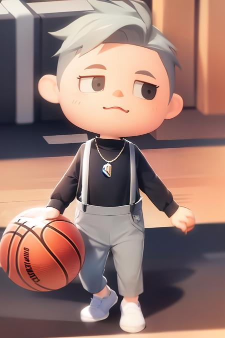 masterpiece, best quality, <lora:ach02-000010:1>,,chibi,1boy,grey hair,necklace,short hair,split bangs,forehead,(black shirt,long sleeves, grey pants,white suspenders:1.4),(basketball,ball:1.4),