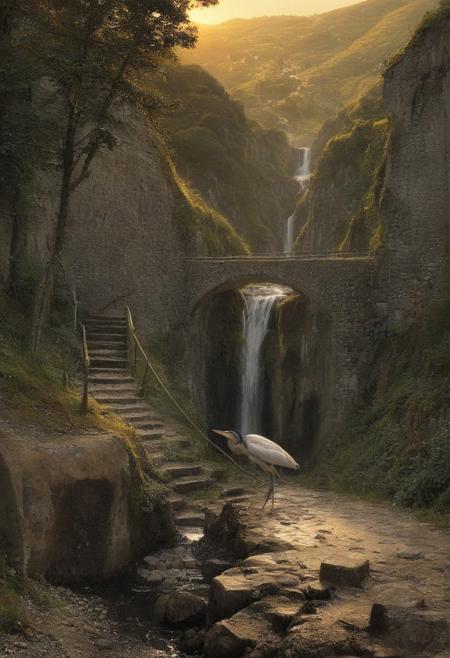 Claude Lorrain (golden hour), Vineyard on steep slate slopes, fox tracks in mud, clapper bridge over stream,grey heron stalking.,Art painting by Gustav Klimt and Takashi Murakami and Kay Sage, ,,
artstation trending, macro lens, volumetric light,
<lora:Illustration_Insanity:0.3>,
<lora:dreamshaperXL10_lora:0.7>,
<lora:extremely_detailed:0.3> extremely detailed,
<lora:DetailMaximizer:0.3>,, Surrealism art style, dreamlike and irrational imagery, explores the unconscious mind, juxtaposition of unlikely elements, challenges reality and logic