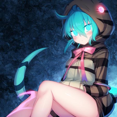 tsunsnek, 1girl, solo, hood, hoodie, snake tail, aqua hair, long sleeves, striped hoodie, striped tail, short hair, pink neck ribbon, bangs, hair between eyes, hood up, geta, blue hair, glowing, aqua eyes, bare legs, glowing eyes, blue eyes, crossed bangs, ahoge, detailed shading, detailed ambient light