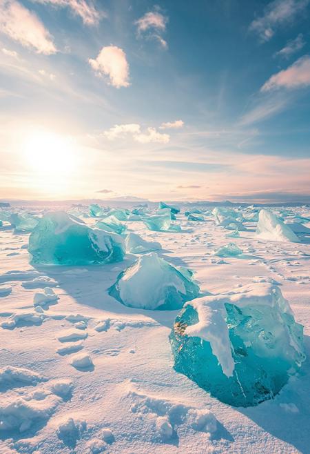 A vast, snow-covered landscape with large, jagged formations of strikingly clear, turquoise ice scattered across the surface under a bright, partly cloudy sky."
8k hyper realistic,splash of wine,sunset celestial