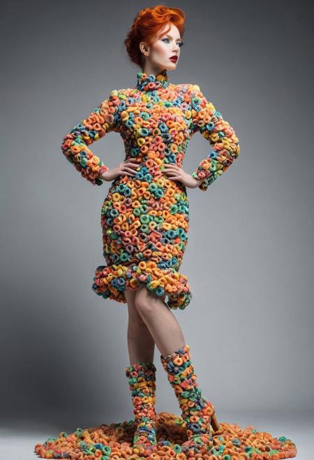 female redhead model wearing a dress made of fruit loops, made of fruit loops high heel boots, dramatic pose, intricate meat textures forming the sleek structure, high-detailed, aesthetics, cinematic lighting, simple background, realistic, masterpiece, best quality, highly detailed, sharp focus, dynamic lighting