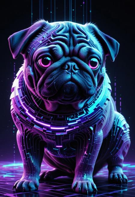 high quality,masterpiece,ultra-high resolution,incredible composition,extremely detailed, A majestic pug
in close-up, its wrinkled fur glitching with pixelated teal and violet artifacts, shimmering like a digital titan. Its curled tail pulses with digital static, radiating icy power. The background is black desert, with fragmented neon grids and cascading glitch particles in indigo and crimson. Hyper-detailed, 8K resolution, with dynamic glitching effects and a futuristic vibe. codeandigital,, c0dean0igital,, cyberw0rlds,
