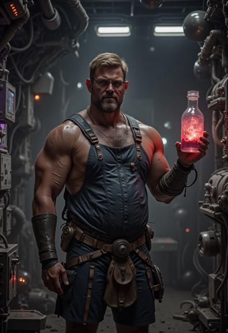 cyberpunk, extremel detailed raw nighttime night photograph, character in dark shadows neonlit rimlight,  arthouse romance film scene, cinematic atmosphere dark gloomy atmosphere, hyperrealistic digital rennaissance oil painting, by gengoroh tagame and jiraiya and goh fujimoto, dark room at night, german bavarian mature manly hairy musclechub man, huge muscular steroid arms, tanned sweaty oiled skin, big hairy belly, very hairy body, detailed bodyhair, blonde brown short hair, in evil scifi hypermodern science lab full of advanced machinery, he is holding a vial with glowing bubbling red liquid, one hand on hip, dark purple and orange neonlights, he exudes a powerful dark aura, he is wearing a dark blue fullbody overall with suspenders and a toolbelt with many leather pockets, brown leather bracers, scottish kilt, glasses, heavy metal rock musci vibes, looking at the viewer with a shy cute loving caring expression, gentle smile