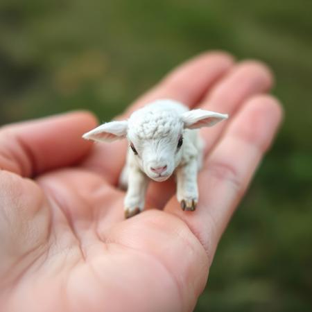 Closeup of a tiny real living lamb on palm of hand, shallow depth of field. Realistic. Blurry nature background.