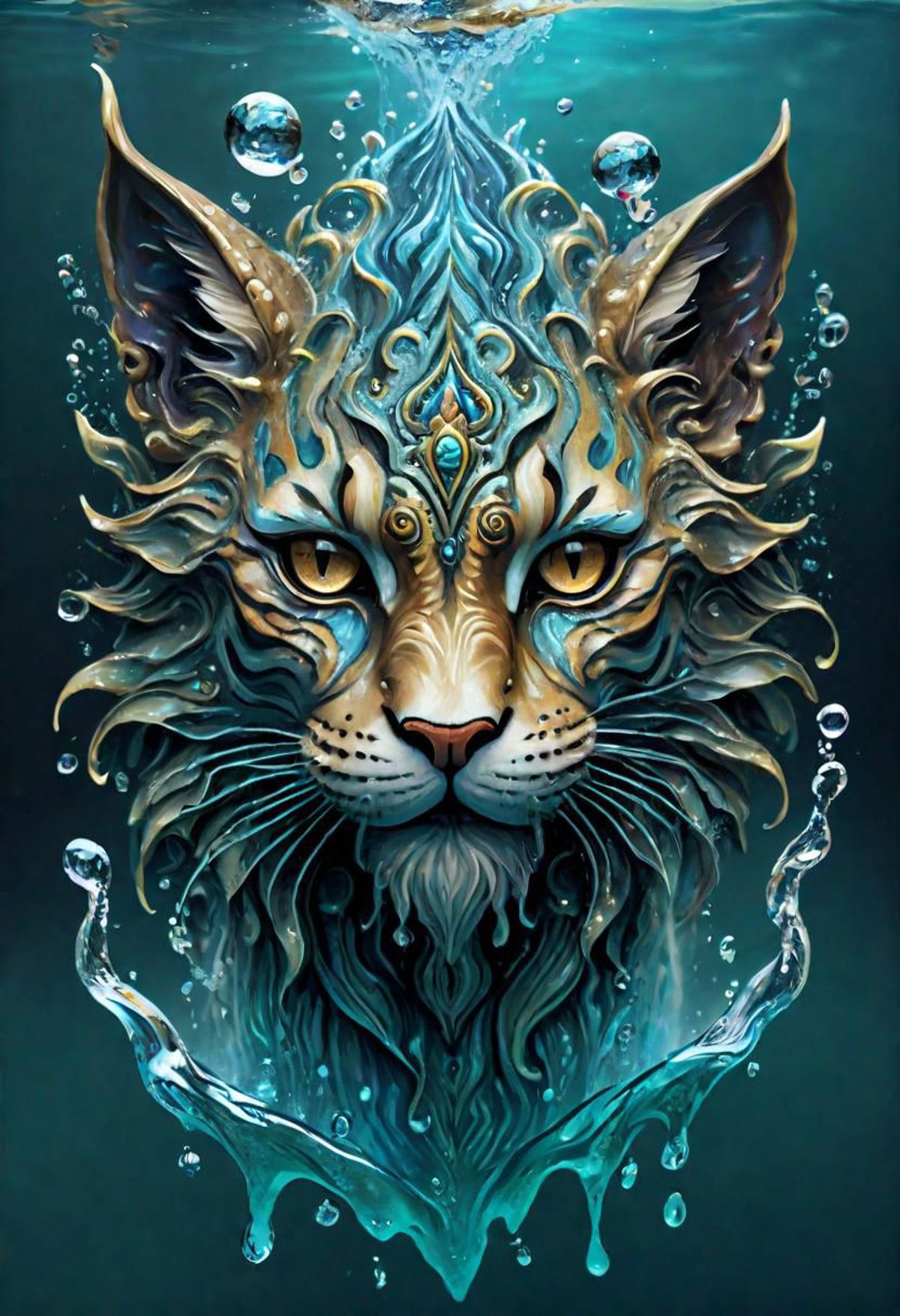 Artistic Cat Painting with Blue and Gold Colors in a Blue Aqua Background