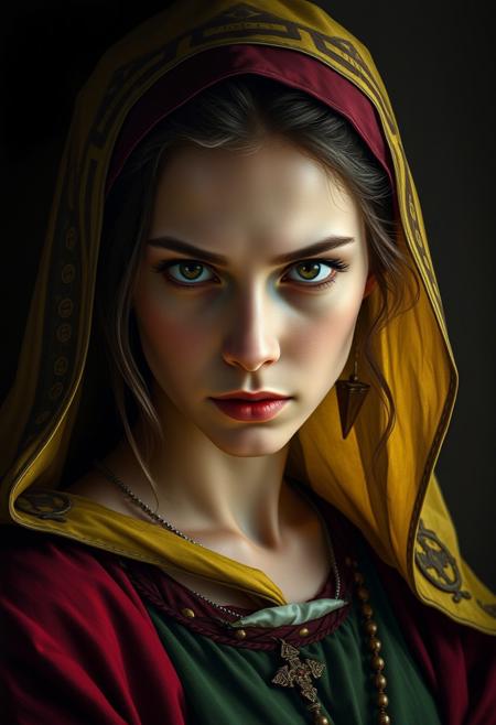 A highly detailed digital portrait of a young woman embodying the intensity of a heretical Christian figure. She has an intense, defiant gaze, conveying both conviction and inner strength. Her clothing reflects medieval or Renaissance Christian symbols but with subtle deviations to suggest her outsider status—symbols of rebellion or forbidden knowledge subtly integrated. The color palette is a bold triad of deep garnet, rich green, and soft yellow, creating a striking contrast against darker, shadowed surroundings. Her expression is both serene and intense, capturing a quiet defiance and a deep spirituality that challenges orthodox beliefs.