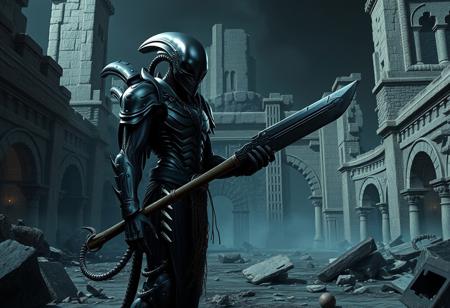 Create a digital art piece of a grimdark alien character, inspired by Charles Fremont Conner and Stephen Bliss, standing in a ruined Ancient City with a dark, ominous atmosphere. The character should have the full-body physique of Tom Selleck, wearing black, shiny armor and wielding a machete. The alien should have long claws and necromorph features. The artwork should be rendered in 8K resolution, with ultra-detailed, lifelike details, and a cinematic feel. Incorporate art nouveau elements and a golden ratio composition. The final piece should be trending on Artstation and featured on DeviantArt and Amiami.