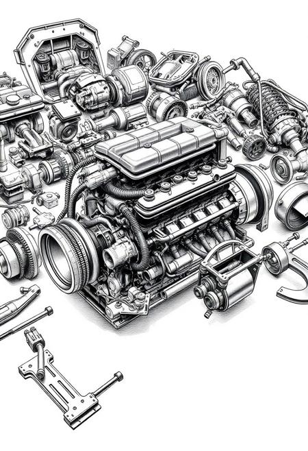 a technical drawing of a disassembled car engine in the style of Peter Aschwanden, engine parts spread out in the background, car parts, multiple pieces, overwhelming array of parts, highly detailed and intricate