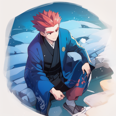 ,1boy, red hair, spiked hair, black kimono, blue jacket, open jacket, wave print, haori himo,