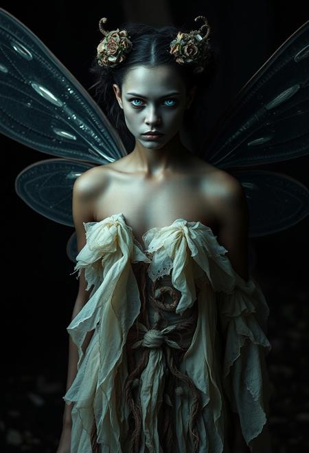 An evocative dark fantasy photography. The central figure is a once-elegant forest african fairy, now corrupted by sinister forces. She has buterfly wings like attributes, a pale complexion, glowing blue eyes. Her once-lush attire is now tattered and overgrown with the transparency  that she once represented. The background is dark and foreboding, reflecting the fairy's lost beauty and anger. The overall atmosphere is cinematic and conceptual, immersing the viewer in a world of dark fantasy., cinematic, dark fantasy