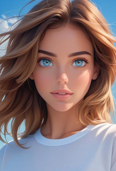 closeup portrait of a stunning lady, neutral expresson, white t-shirt, expressive eyes, sky blue background.
kerinya