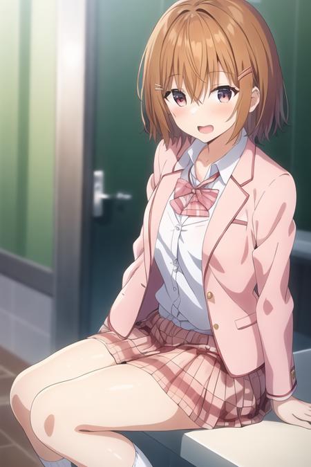 masterpiece, best quality,1girl,solo,kiryuu mizuha,brown hair,short hair,hair between eyes,red eyes,hairclip,bow tie,school uniform,pink jacket,white shirt,miniskirt,blue checkered skirt,socks,<lora:mizuha:0.6>,anime screencap, 