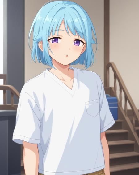 shino_hajime_pony, light blue hair, purple eyes, medium hair,