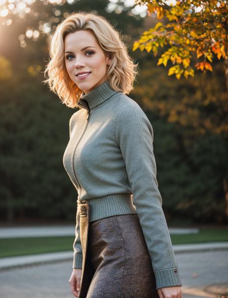 beautiful woman (magg1ec1vantos:.99), realistic, (detailed:1.15),(film grain, skin details, 4k:1), smile, Dappled Light, analog style (look at the viewer), (skin texture), (film grain), (hyper-realistic texture skin:1.3), cinematic light, sidelighting, ultra high res, best shadow, RAW, beautiful hair, designer jacket, fashionable skirt, turtleneck shirt, winter city park, professional model photoshoot, hdr, sunset,