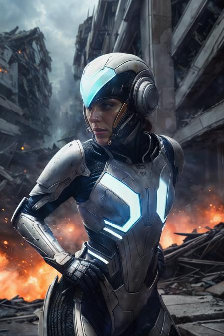 <lora:NeoFuturisticTech:0.6>((beautiful woman)) wearing a neotech armor, sleek, explosive pose, expressionism, movie still, hyper detailed, intricate design, insanely detailed, fine details, scifi, in a destroyed city, frontal illumination, <lora:add_detail:0.6>