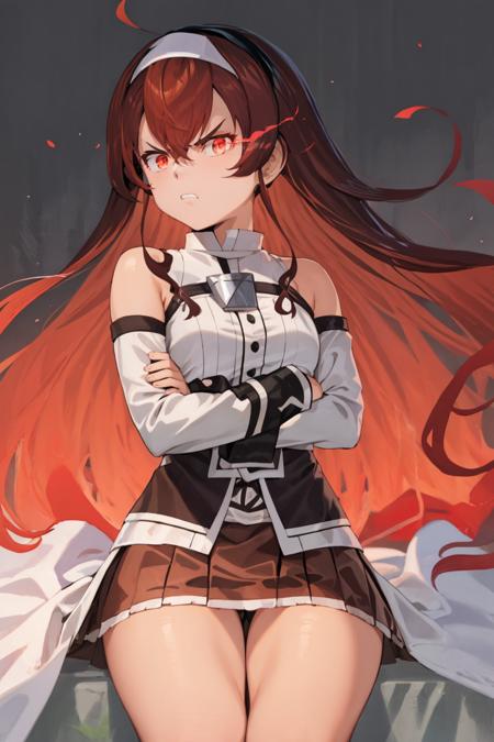 masterpiece, best quality, eris greyrat, 1girl, red flaming eye, red eye trail, flaming eye, eye trail, red eye, (angry), ahoge, bangs, bare shoulders, black hairband, brown skirt, clothing cutout, crossed arms, hair between eyes, hairband, long hair, long sleeves, looking at viewer, red eyes, red hair, shoulder cutout, simple background, skirt, solo, mushoku tensei
<lora:erisMushokuTensei_v1:1>