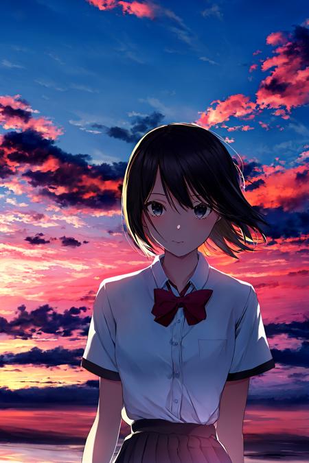 masterpiece,1girl, solo, black hair, bow, looking at viewer, shirt, short hair, short sleeves, skirt, outdoors, black eyes, white shirt, cloud, bowtie, school uniform, sky,blue eyes,, collared shirt,sunset